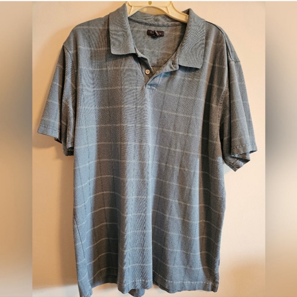 Van Heusen Men's Blue and Gray Plaid Polo Shirt XL Short Sleeve